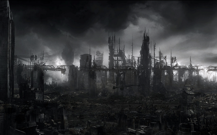 Apocalyptic futuristic city ruins under dark clouds