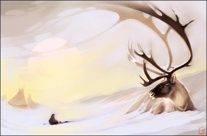 Reindeer and person in a snowy landscape with tents