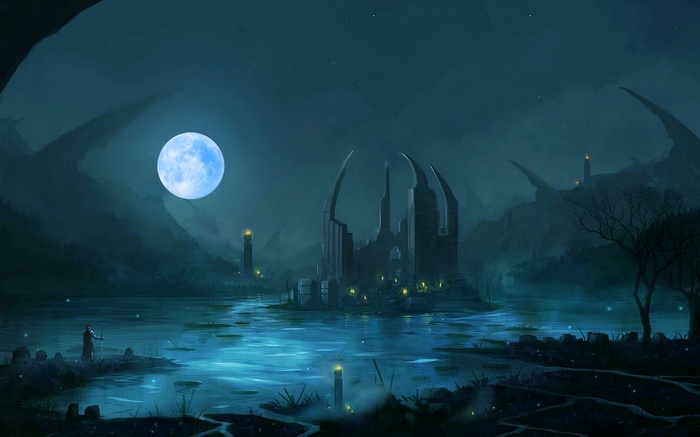 Fantasy art of a moonlit night with ruins