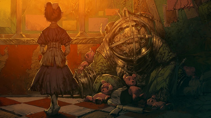 Little Sister and Big Daddy with teddy bears in BioShock