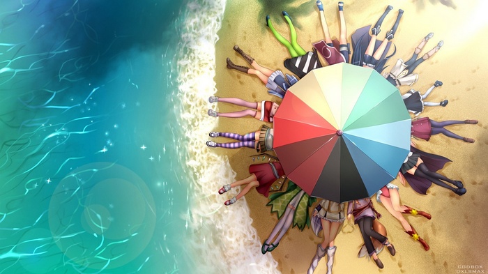 Anime characters lying on a beach around a colorful umbrella