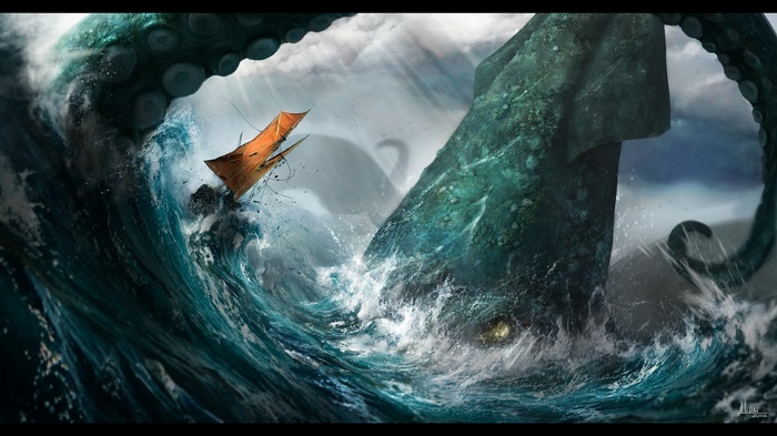 Giant squid attacking a sailing ship in stormy seas