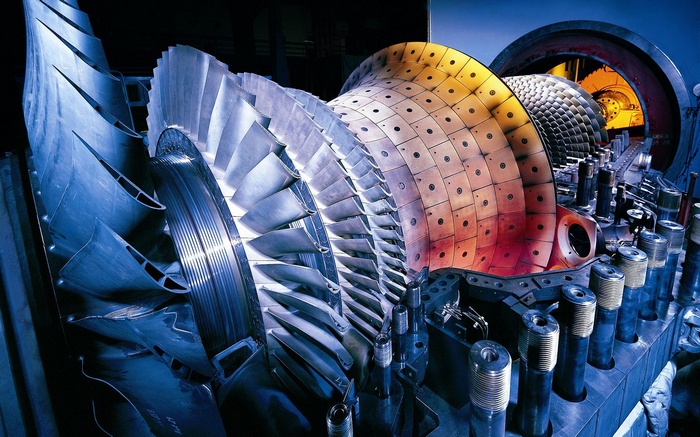Close-up of a large industrial turbine engine