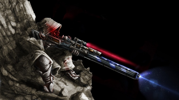 Sniper aiming a futuristic rifle from a rocky outcrop