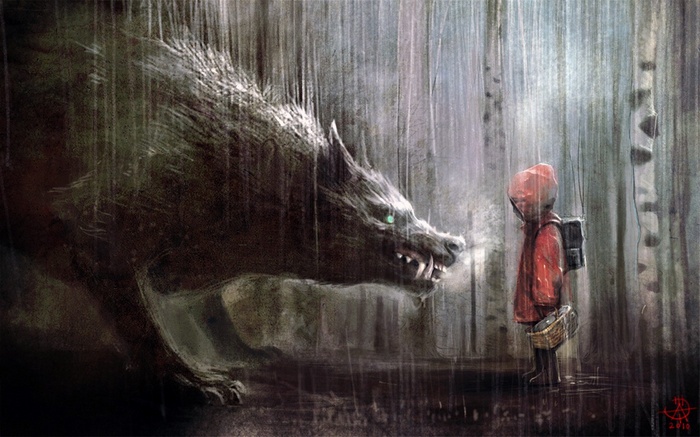 Little Red Riding Hood confronts a wolf in the rain