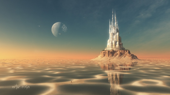 Fantasy castle on a desert planet with a moon