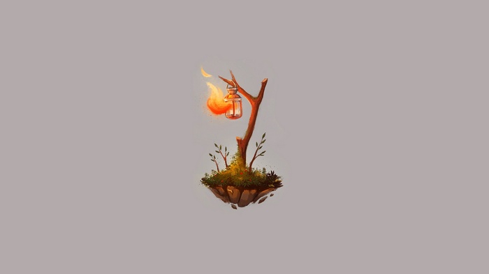 Floating island with a burning lantern on a tree