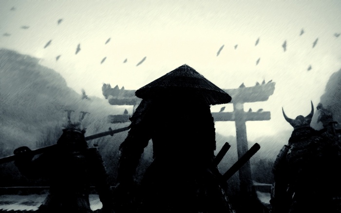 Samurai warriors stand before a torii gate