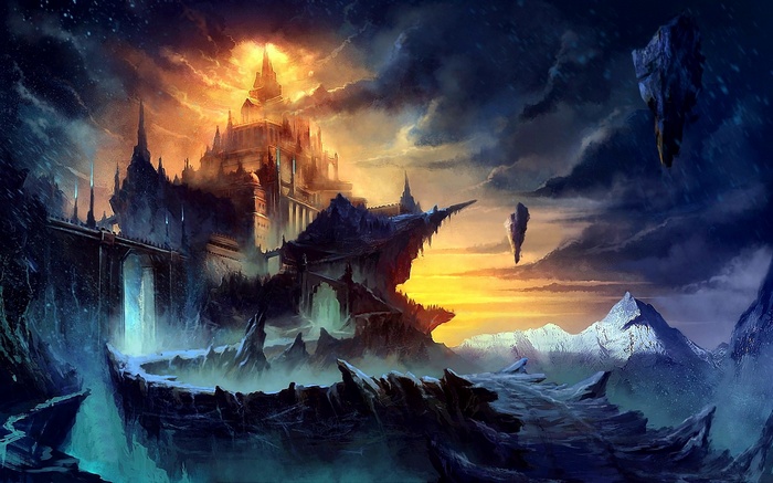 Fantasy castle on a rocky island with floating rocks