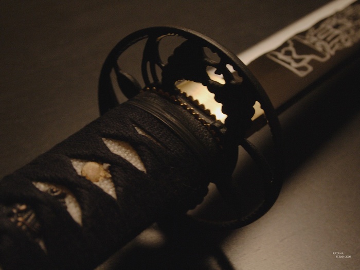 Close-up of a Katana sword hilt and blade