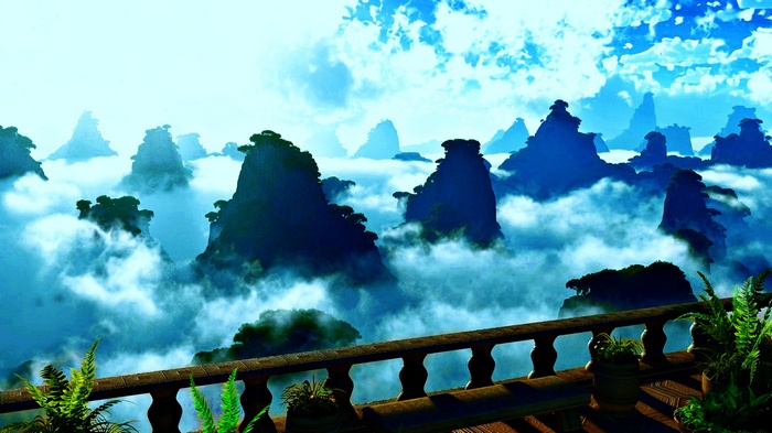 Fantasy mountains above the clouds with a balcony