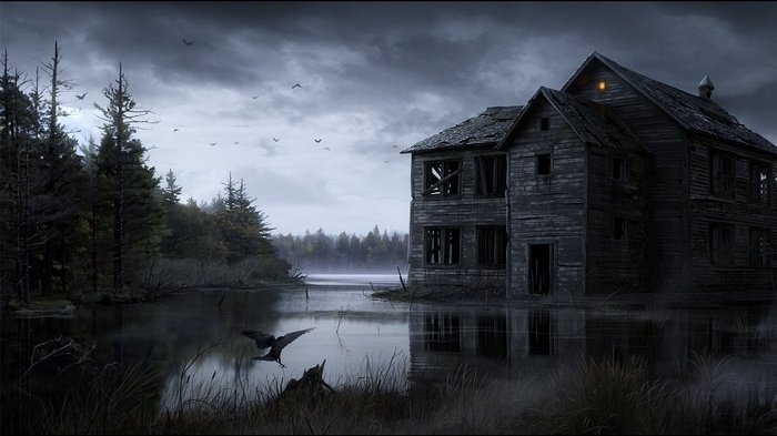 Abandoned house by a dark lake with a crow