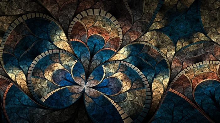 Abstract fractal pattern with blue, gold, and brown.