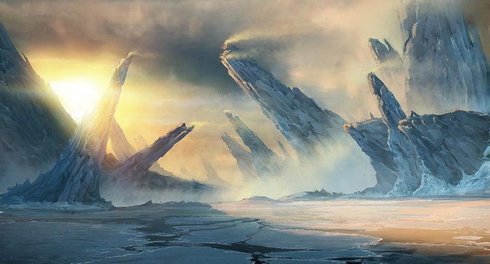 Fantasy ice landscape with sharp rock formations and sunlight