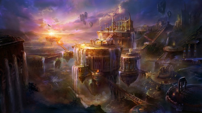 Fantasy floating city with waterfalls at sunset