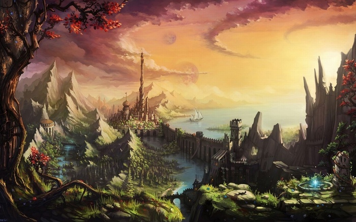 Fantasy city with mountains and a lake at sunset