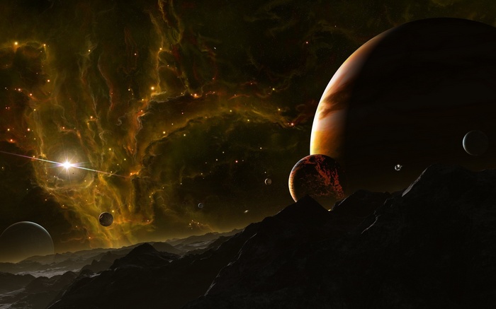 Planets and nebula in outer space