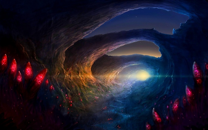 Fantasy cave with glowing crystals and light