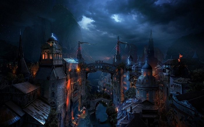 Fantasy city with bridges and mountains at night