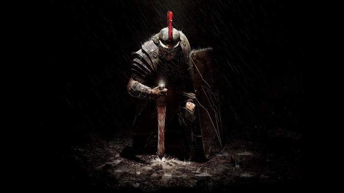 Centurion with bloody sword in the rain