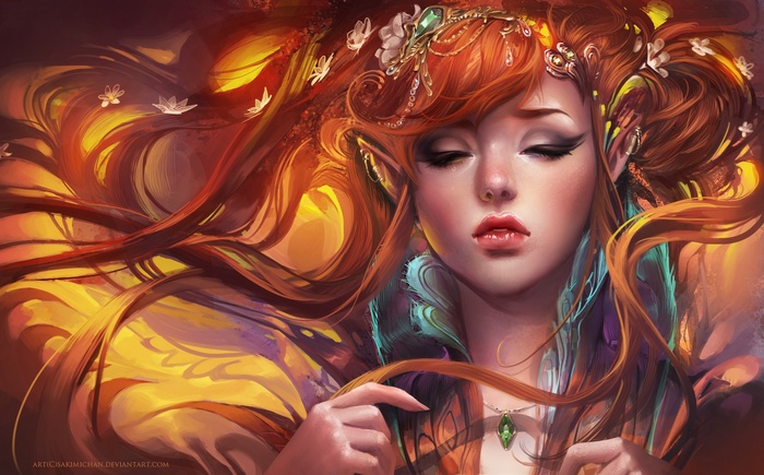 Anime girl with flowing red hair and elven ears
