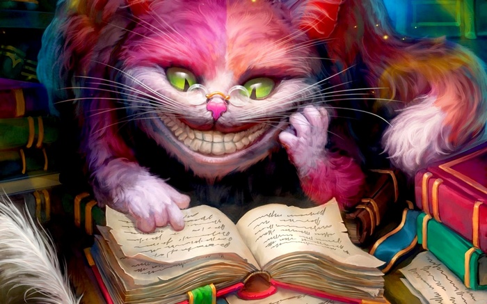 Cheshire Cat reading a book surrounded by books