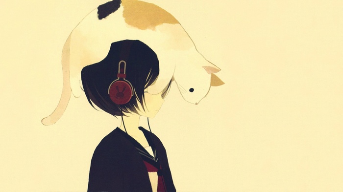 Anime girl with headphones and a cat on her head