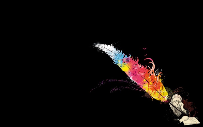 Colorful feather and writer on black background