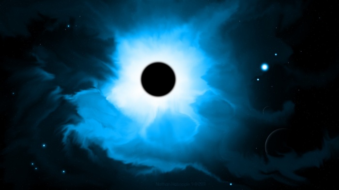 Space art of a black hole in a blue nebula