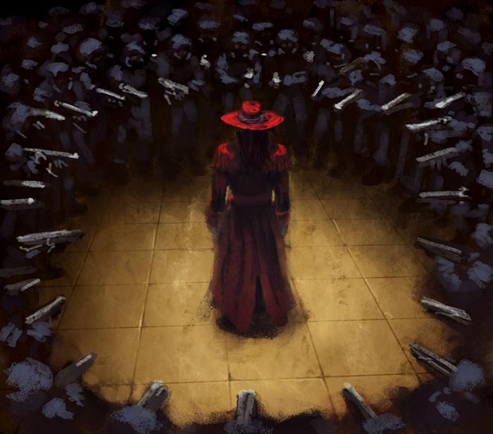 Alucard surrounded by armed figures