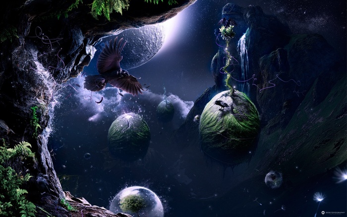 Fantasy space art with birds and planets