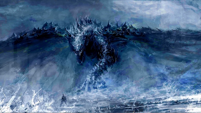 A fearsome dragon emerges from a stormy sea