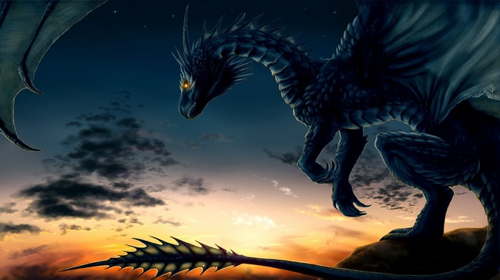 Fantasy art of a dark dragon at sunset