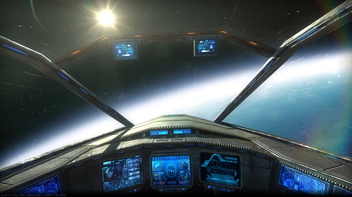Star Citizen cockpit view with planet and sun