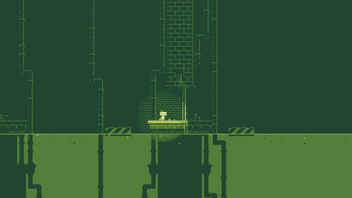 Pixel art character in a green industrial environment