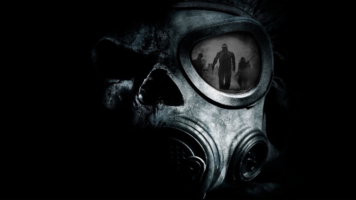 Gas mask with figures reflected in the lens