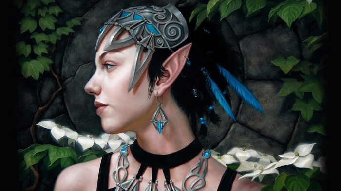 Elf woman with blue jewelry and feathers
