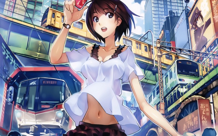 Anime girl in Akihabara with trains
