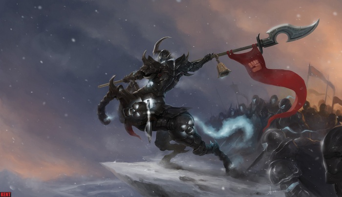 Hecarim leading an army with a flag and spear