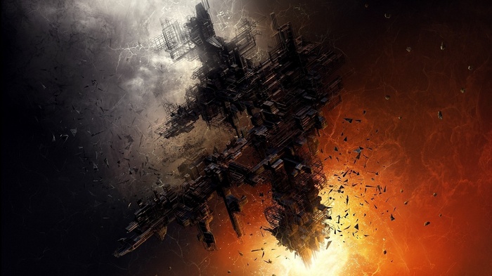 Abstract dark sci-fi structure with explosions