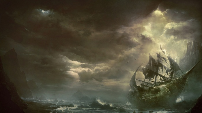 A ghost ship wrecked on a rocky shore under a stormy sky