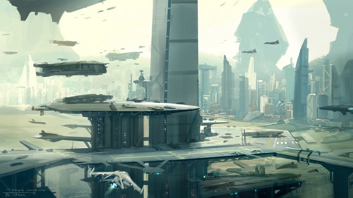 Star Citizen concept art of a futuristic cityscape with spaceships