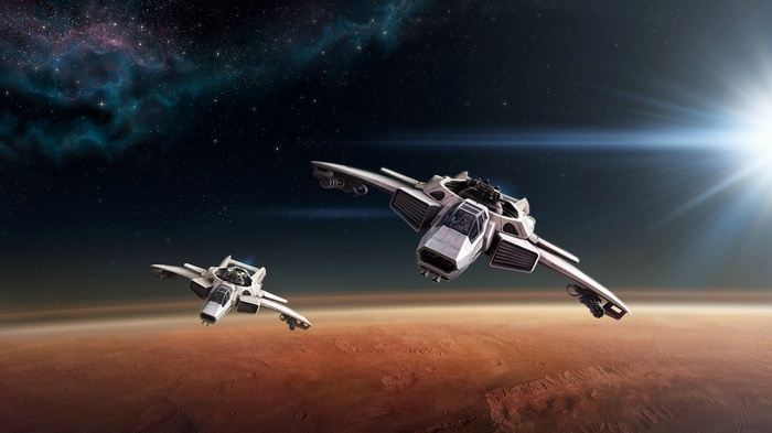 Star Citizen spaceships flying over a planet