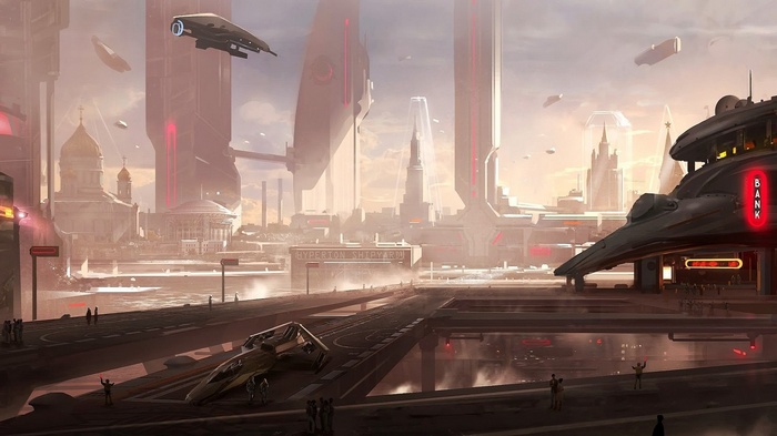 Star Citizen futuristic cityscape with spaceships and bank