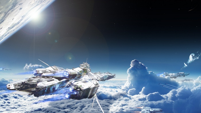Star Citizen Dreadnought Spaceships in Clouds