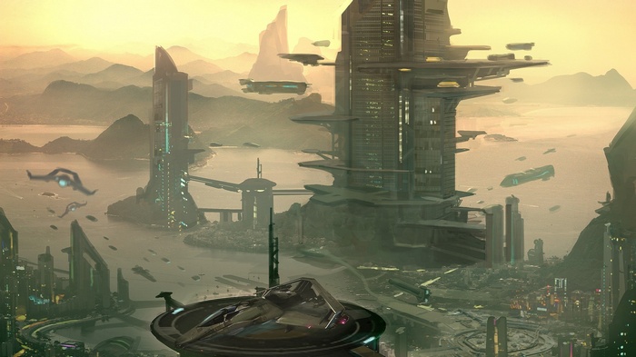 Star Citizen futuristic cityscape with flying vehicles