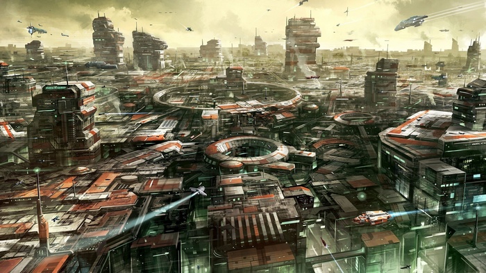 ArcCorp cityscape with futuristic spaceships and buildings