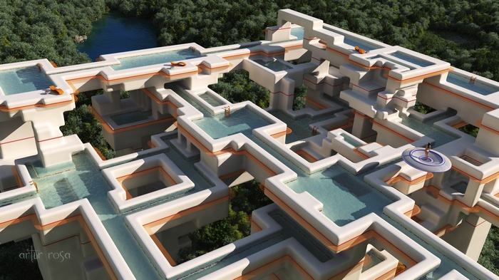 Futuristic architectural complex with pools and people