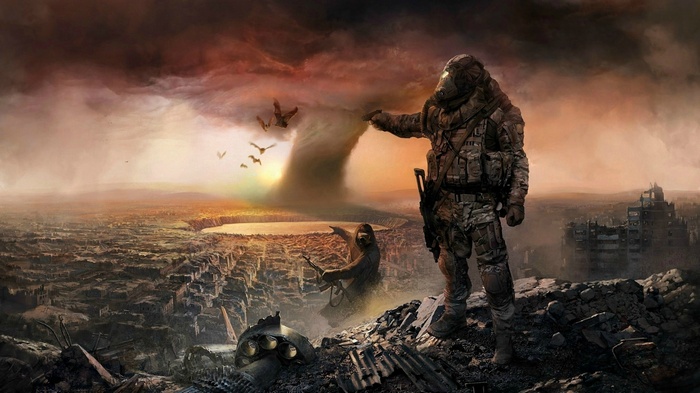 Soldiers in a ruined city with a tornado