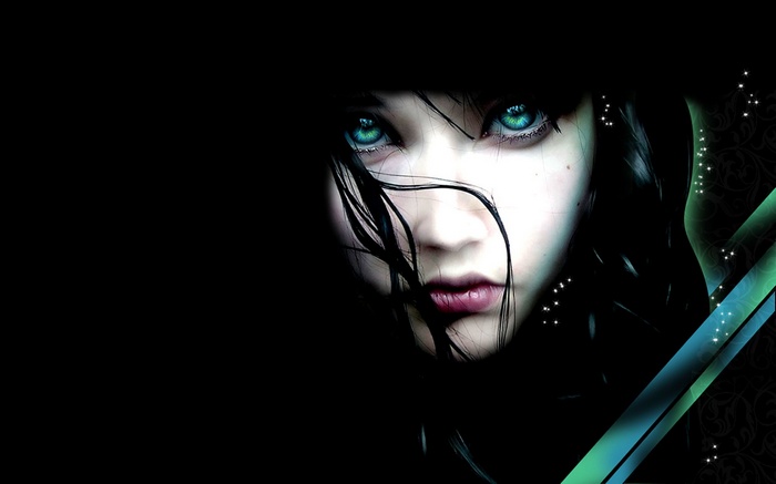 Digital art of a pale woman with green eyes